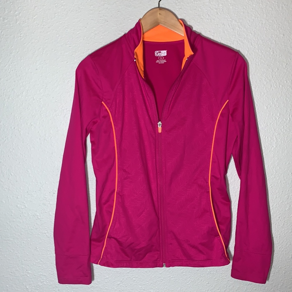 Go Fit pink floral print workout zip-up jacket orange piping Sz L activewear